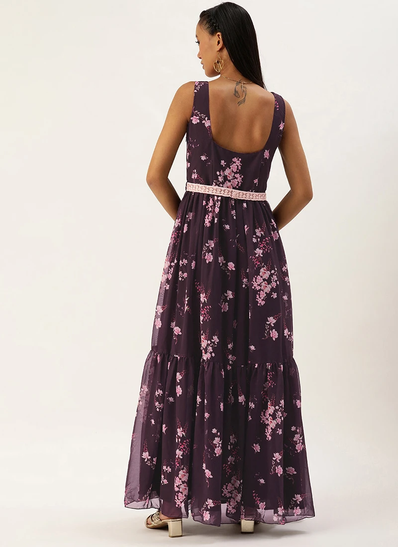 Purple Georgette Digital Printed Tiered Dress Festive Wear 4 Purple Georgette Digital Printed Tiered Dress Festive Wear - Image 4