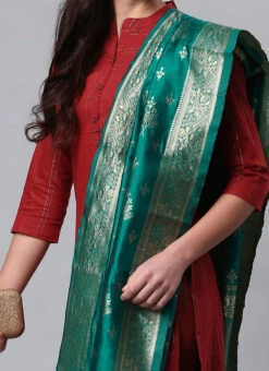 Rama Green Benarasi Silk Jacquard Woven Dupatta Festive Wear