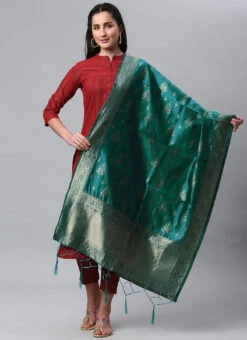 Rama Green Benarasi Silk Jacquard Woven Dupatta Festive Wear -Indo Clothing Shop Rama Green Benarasi Silk Jacquard Woven Dupatta DPSLI1403107RG u