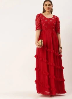 Red Georgette Embroidered Maxi Dress Festive Wear -Indo Clothing Shop Red Georgette Embroidered Maxi Dress DRBS02211085 u