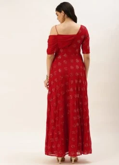 Red Georgette Embroidered One Shoulder Style Gown Party Wear -Indo Clothing Shop Red Georgette Embroidered One Shoulder Style Gown IWBS02209739 b