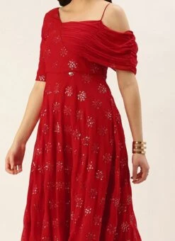 Red Georgette Embroidered One Shoulder Style Gown Party Wear