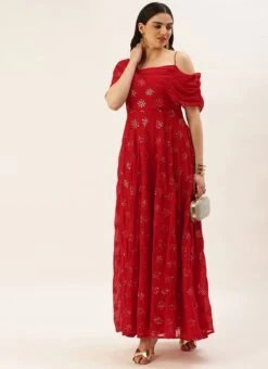 Red Georgette Embroidered One Shoulder Style Gown Party Wear -Indo Clothing Shop Red Georgette Embroidered One Shoulder Style Gown IWBS02209739 u