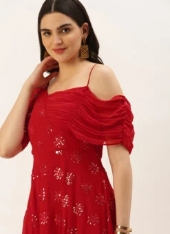 Red Georgette Embroidered One Shoulder Style Gown Party Wear -Indo Clothing Shop Red Georgette Embroidered One Shoulder Style Gown IWBS02209739 rrc1