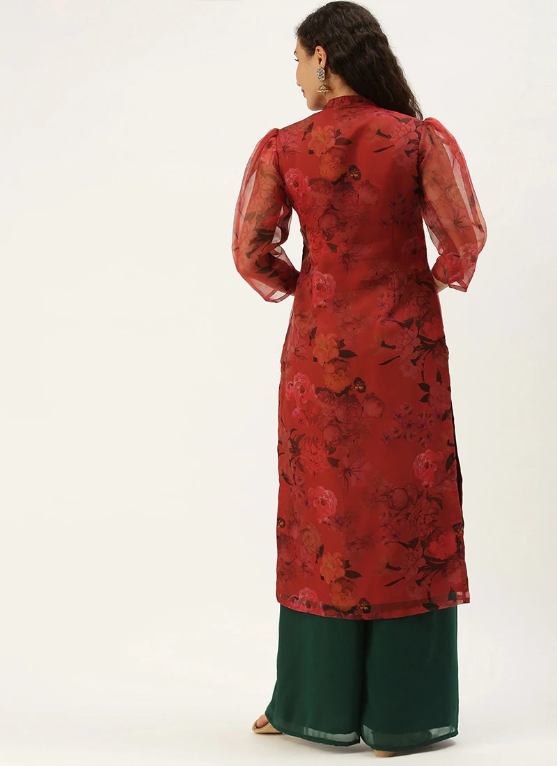 Red Organza N Green Kurta Palazzo Set After Six Wear 4 Red Organza N Green Kurta Palazzo Set After Six Wear - Image 4