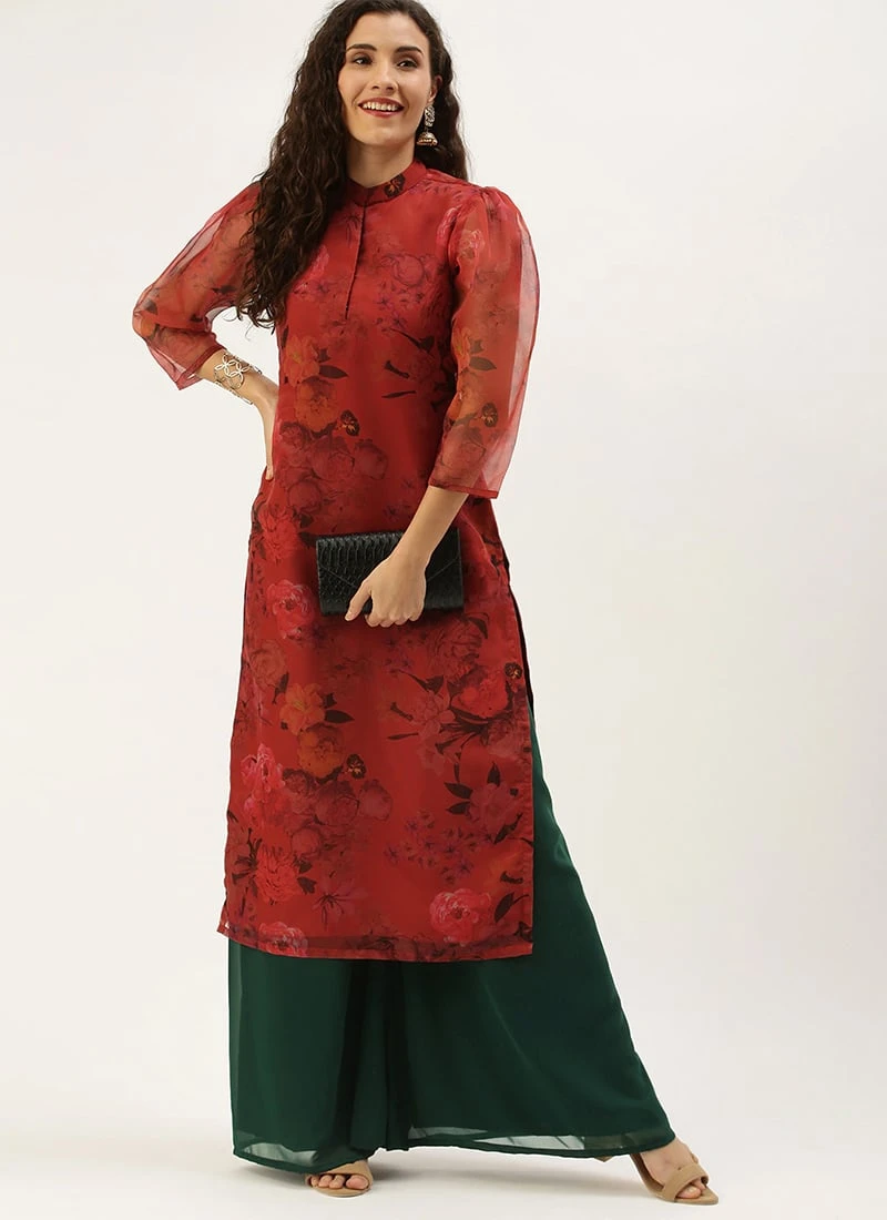 Red Organza N Green Kurta Palazzo Set After Six Wear 3 Red Organza N Green Kurta Palazzo Set After Six Wear - Image 3