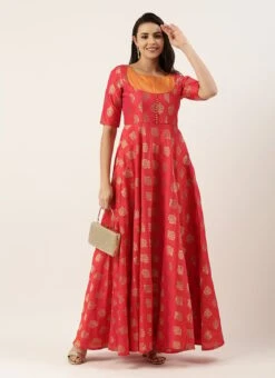 Red Taffeta Jacquard Half Circular Dress Festive Wear -Indo Clothing Shop Red Taffeta Jacquard Half Circular Dress DRBS02204664 u