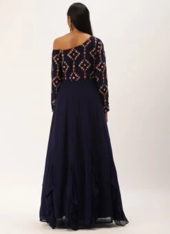 Royal Blue Embroidered One Shoulder Ruffle Gown Party Wear -Indo Clothing Shop Royal Blue Embroidered One Shoulder Ruffle Gown IWBS02301755 b