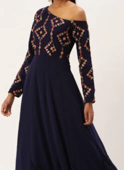 Royal Blue Embroidered One Shoulder Ruffle Gown Party Wear