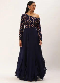 Royal Blue Embroidered One Shoulder Ruffle Gown Party Wear -Indo Clothing Shop Royal Blue Embroidered One Shoulder Ruffle Gown IWBS02301755 u