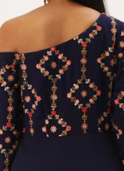 Royal Blue Embroidered One Shoulder Ruffle Gown Party Wear -Indo Clothing Shop Royal Blue Embroidered One Shoulder Ruffle Gown IWBS02301755 rrc2