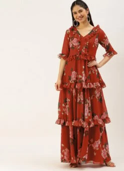 Rust Georgette Digital Printed Gown After Six Wear -Indo Clothing Shop Rust Georgette Digital Printed Gown DRBS02206242 u