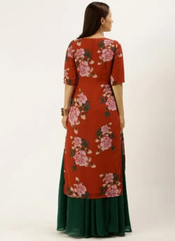Rust Printed N Green Georgette Kurta Skirt Set After Six Wear -Indo Clothing Shop Rust Printed N Green Georgette Kurta Skirt Set KSBS02107573 b