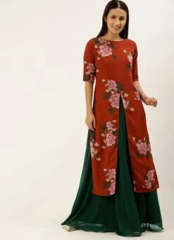 Rust Printed N Green Georgette Kurta Skirt Set After Six Wear -Indo Clothing Shop Rust Printed N Green Georgette Kurta Skirt Set KSBS02107573 u