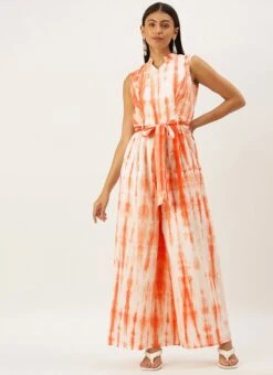 Rust Tie N Dye Cotton Collar Neck Jumpsuit After Six Wear Festive Wear -Indo Clothing Shop Rust Tie N Dye Cotton Collar Neck Jumpsuit DRBS02202401 u