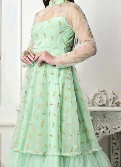 Sea Green Embroidered Layered Style Gown Wedding Wear