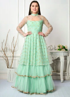 Sea Green Embroidered Layered Style Gown Wedding Wear -Indo Clothing Shop Sea Green Embroidered Layered Style Gown IWBS02301713 u