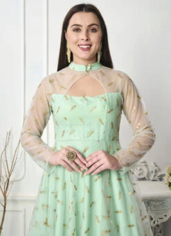 Sea Green Embroidered Layered Style Gown Wedding Wear -Indo Clothing Shop Sea Green Embroidered Layered Style Gown IWBS02301713 rrc1