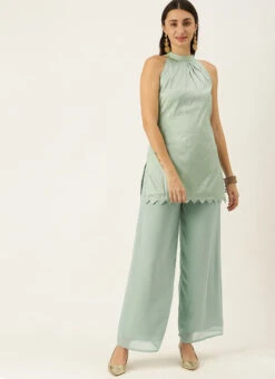 Sea Green Kurta With Wide Leg Pants Festive Wear -Indo Clothing Shop Sea Green Kurta With Wide Leg Pants KSBS02109739 u