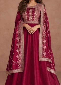 Shamita Shetty Maroon Art Silk Embroidered Anarkali Gown Party Wear