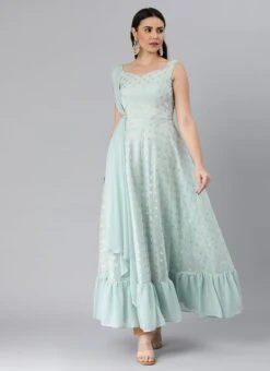 Sky Blue Organza Jacquard N Green Georgette Dress Wedding Wear -Indo Clothing Shop Sky Blue Organza Jacquard N Green Georgette Dress DRBS02205066 u