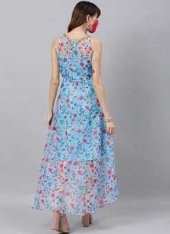 Sky Blue Printed Organza Asymmetrical Dress After Six Wear -Indo Clothing Shop Sky Blue Printed Organza Asymmetrical Dress DRBS02105407 b