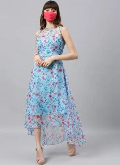 Sky Blue Printed Organza Asymmetrical Dress After Six Wear -Indo Clothing Shop Sky Blue Printed Organza Asymmetrical Dress DRBS02105407 u