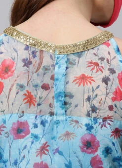 Sky Blue Printed Organza Asymmetrical Dress After Six Wear -Indo Clothing Shop Sky Blue Printed Organza Asymmetrical Dress DRBS02105407 rrc2