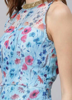 Sky Blue Printed Organza Asymmetrical Dress After Six Wear -Indo Clothing Shop Sky Blue Printed Organza Asymmetrical Dress DRBS02105407 rrc3