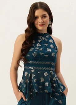 Teal Blue Embroidered Blouse Festive Wear -Indo Clothing Shop Teal Blue Embroidered Blouse BLBS02307557 u