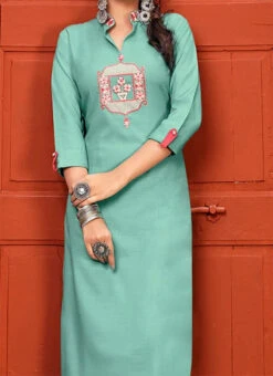 Teal Green Rayon Kurta Straight Pant Suit Party Wear