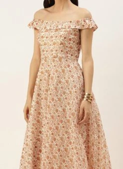 White Art Silk Digital Printed Off Shoulder Dress After Six Wear