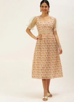 White Digital Printed Art Silk Dress After Six Wear -Indo Clothing Shop White Digital Printed Art Silk Dress DRBS02208475 u