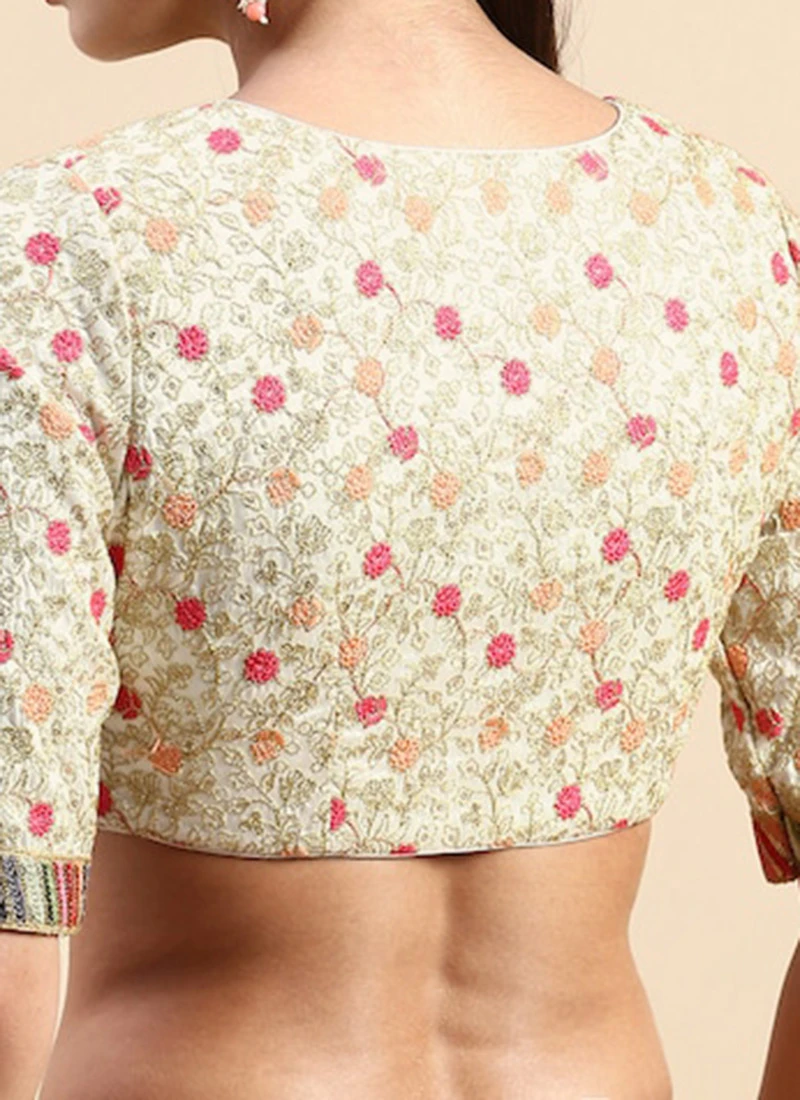 White Embroidered Art Silk V Neck Blouse Festive Wear 6 White Embroidered Art Silk V Neck Blouse Festive Wear - Image 6