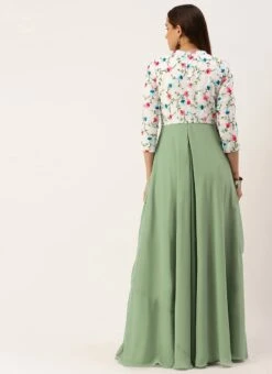 White Georgette N Green Pleated Gown Festive Wear -Indo Clothing Shop White Georgette N Green Pleated Gown IWBS02210982 b