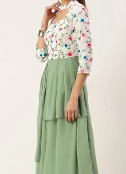 White Georgette N Green Pleated Gown Festive Wear