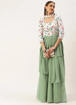 White Georgette N Green Pleated Gown Festive Wear -Indo Clothing Shop White Georgette N Green Pleated Gown IWBS02210982 u