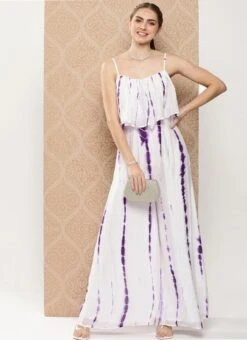 White Georgette Tie N Dye Jumpsuit After Six Wear -Indo Clothing Shop White Georgette Tie N Dye Jumpsuit DRBS02301104 u