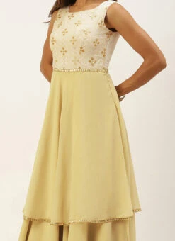 White N Beige Foil Print Layered Gown Wedding Wear