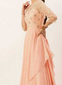 White Net Embroidered N Pink Layered Gown Wedding Wear