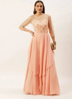 White Net Embroidered N Pink Layered Gown Wedding Wear -Indo Clothing Shop White Net Embroidered N Pink Layered Gown IWBS02211174 u