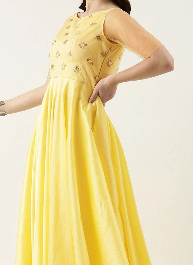 White Net Sequins N Yellow Gown Festive Wear 1 White Net Sequins N Yellow Gown Festive Wear