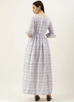 White Rayon Printed Gathered Maxi Dress Festive Wear -Indo Clothing Shop White Rayon Printed Gathered Maxi Dress DRBS02105422 b