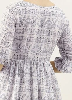 White Rayon Printed Gathered Maxi Dress Festive Wear -Indo Clothing Shop White Rayon Printed Gathered Maxi Dress DRBS02105422 rrc2