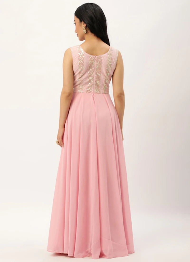 White Sequins N Pink Georgette Flared Gown Party Wear 4 White Sequins N Pink Georgette Flared Gown Party Wear - Image 4