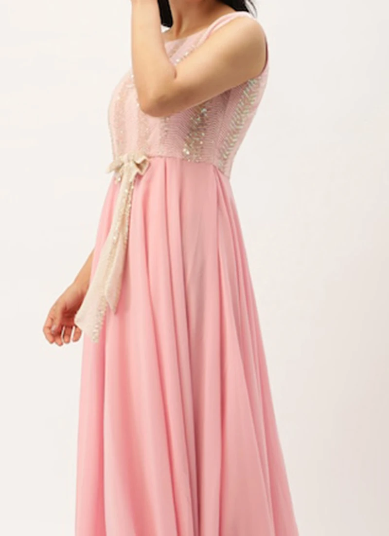 White Sequins N Pink Georgette Flared Gown Party Wear 1 White Sequins N Pink Georgette Flared Gown Party Wear