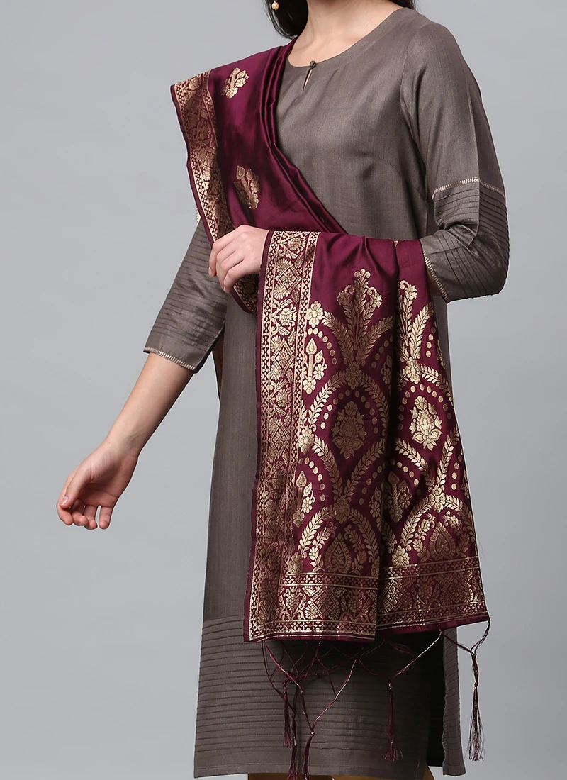 Wine Benarasi Silk Jacquard Woven Dupatta Festive Wear 1 Wine Benarasi Silk Jacquard Woven Dupatta Festive Wear