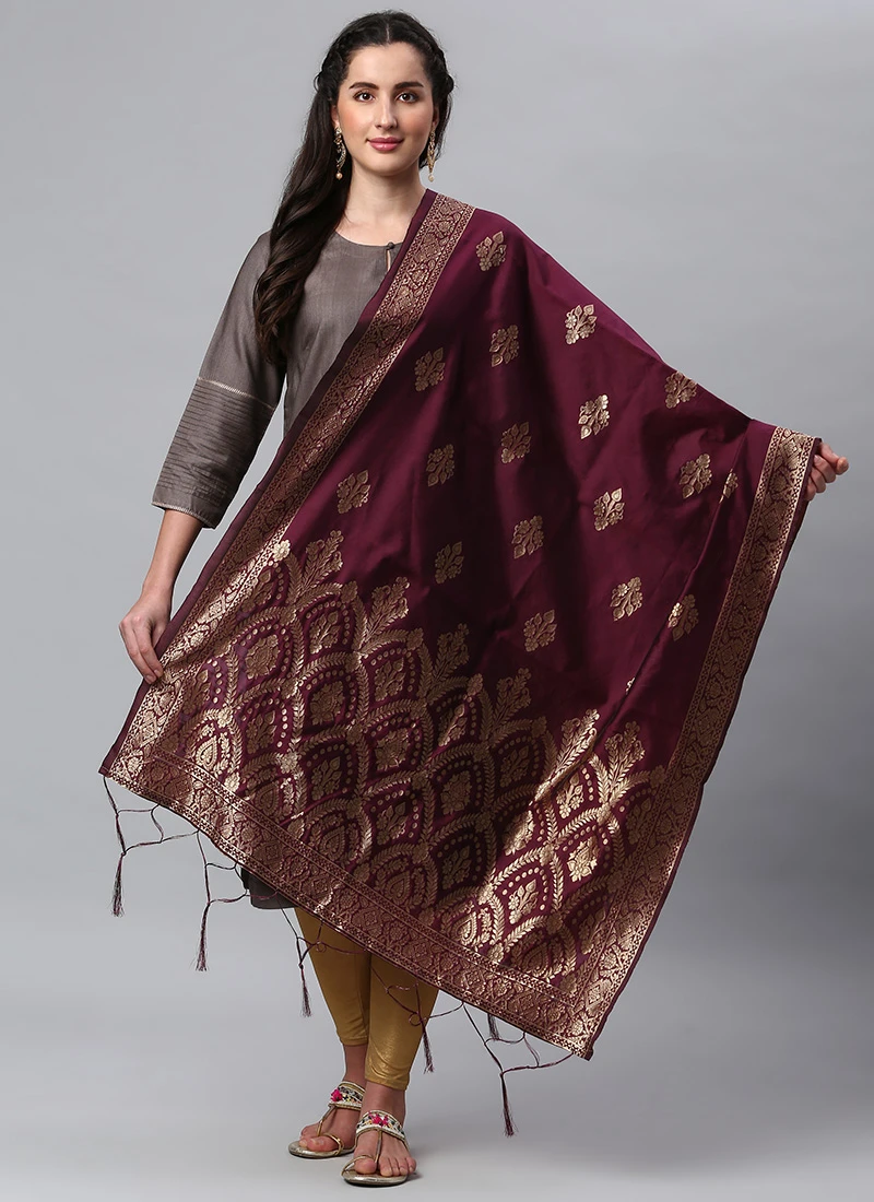 Wine Benarasi Silk Jacquard Woven Dupatta Festive Wear 3 Wine Benarasi Silk Jacquard Woven Dupatta Festive Wear - Image 3