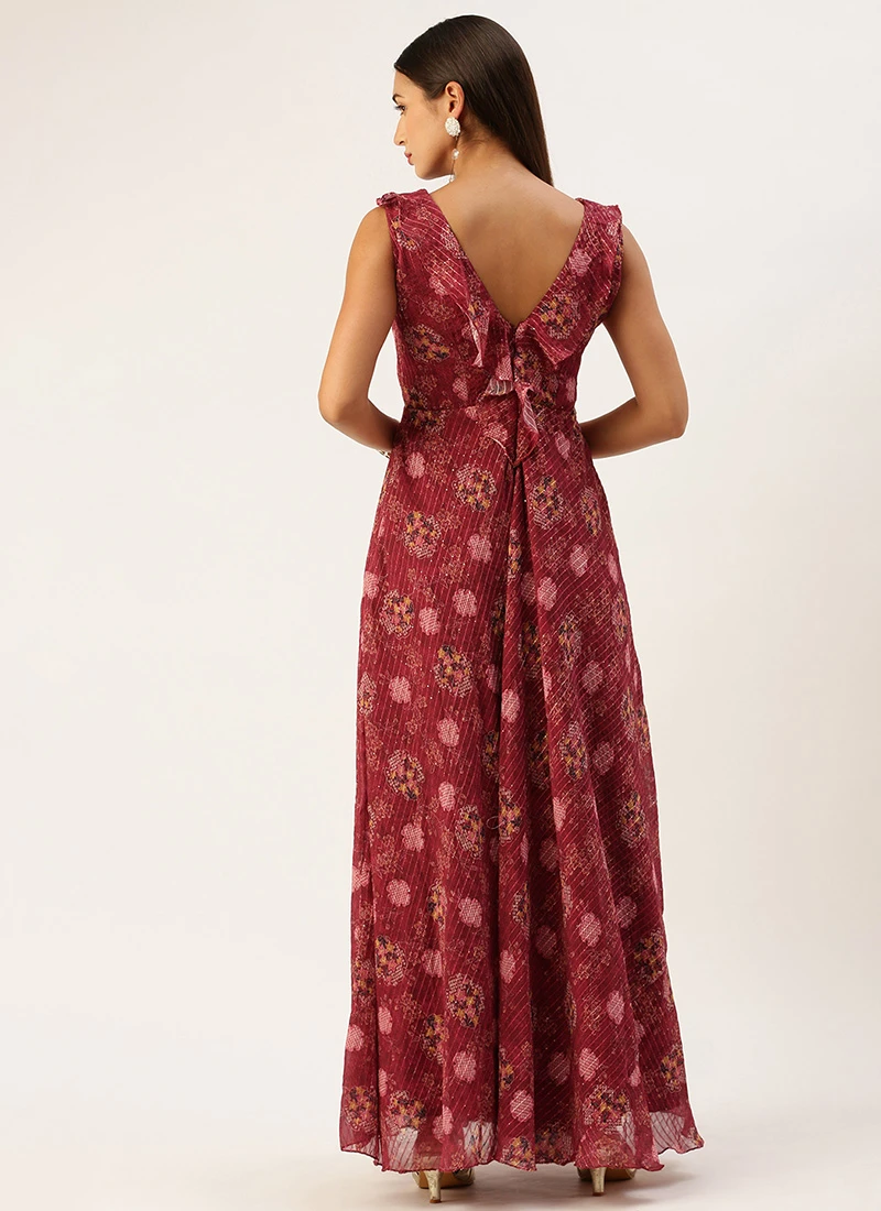 Wine Georgette Digital Print V Neck Gown Party Wear 4 Wine Georgette Digital Print V Neck Gown Party Wear - Image 4