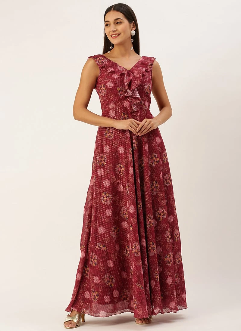 Wine Georgette Digital Print V Neck Gown Party Wear 3 Wine Georgette Digital Print V Neck Gown Party Wear - Image 3